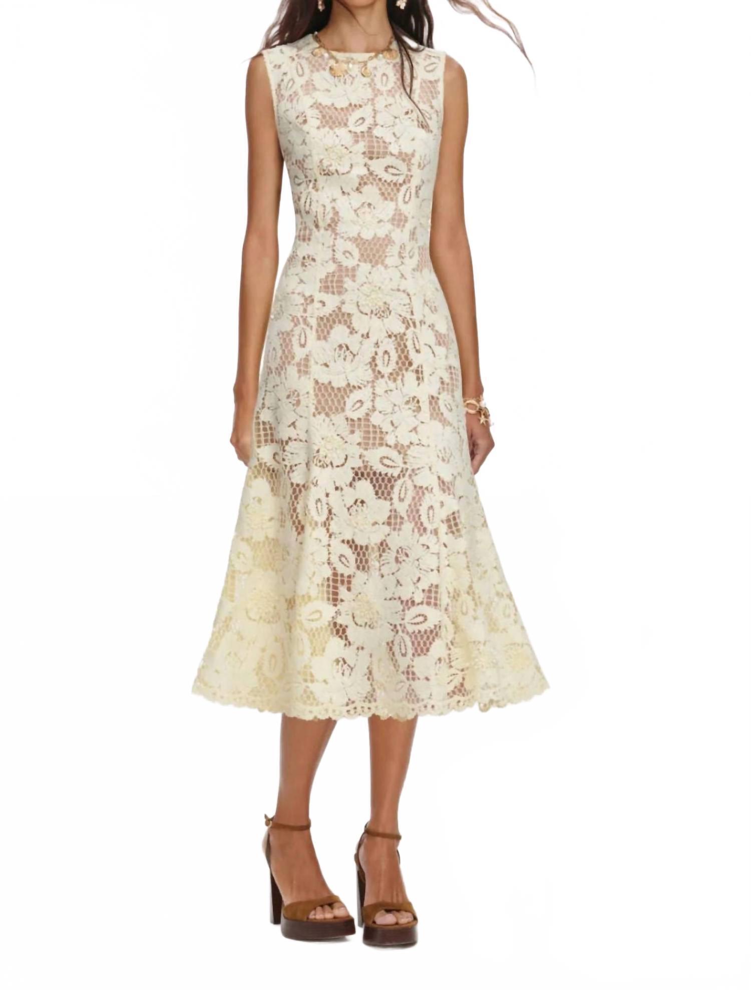 New Self-Portrait Crochet Lace Midi Dress In Yellow